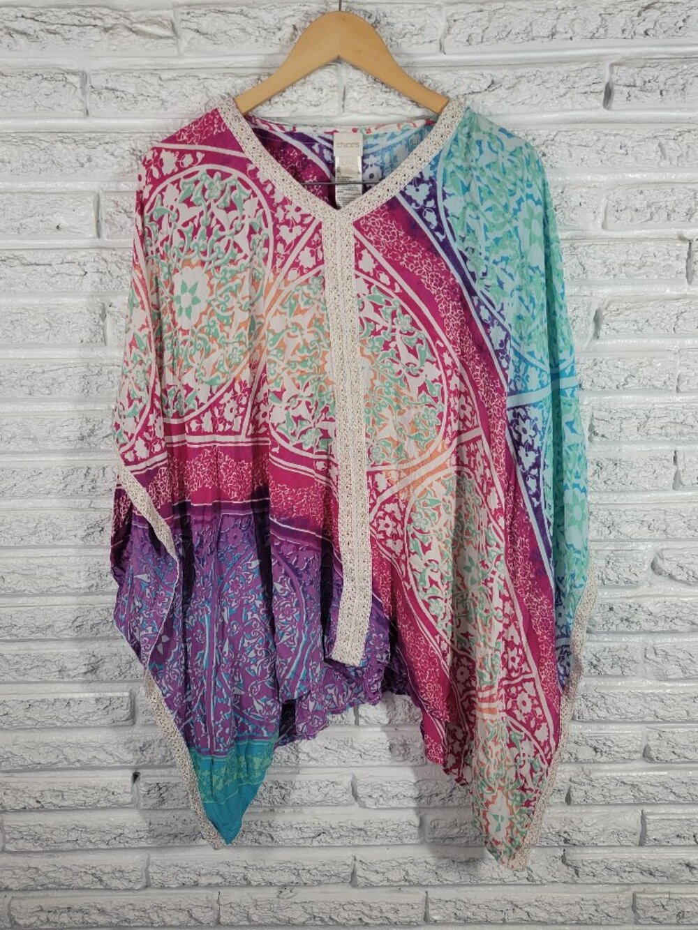 Chicos Womens L XL Floral Kimono Top Crochet Metallic V Neck Pullover FLO187E